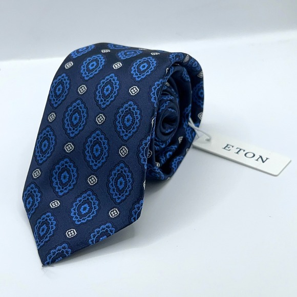 Eton Silk Tie Mens One Size Blue Geometric Medallion‎ Made In Italy Necktie NWT